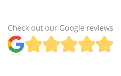 Graphic of five gold stars and Google logo with text 'Check out our Google reviews.'